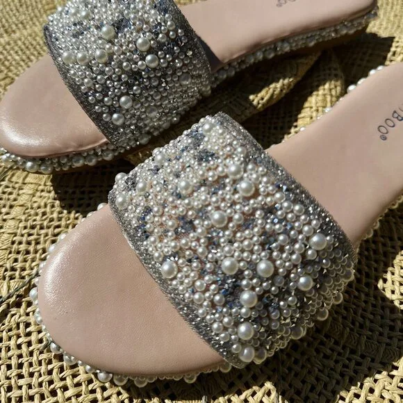 New Bling Rhinestone Pearl Open Toe Slide Sandals Flip Flops Low Flat Platform - Picture 4 of 5